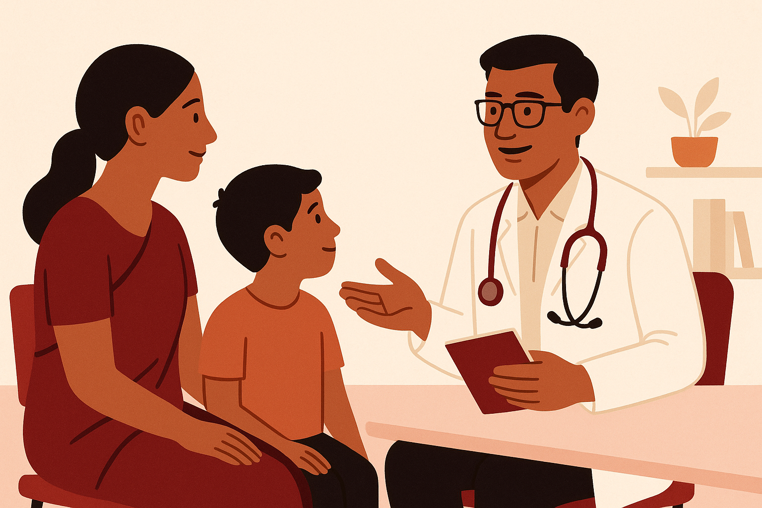 Illustration of a clinician speaking with an adult and child during a consultation.